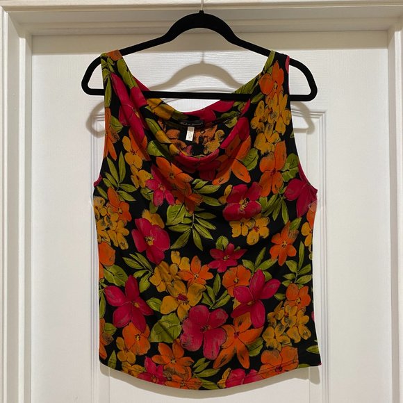 Sleeveless Draped Cowl Neck Top 1X Black with Bright Flowers - Picture 2 of 6